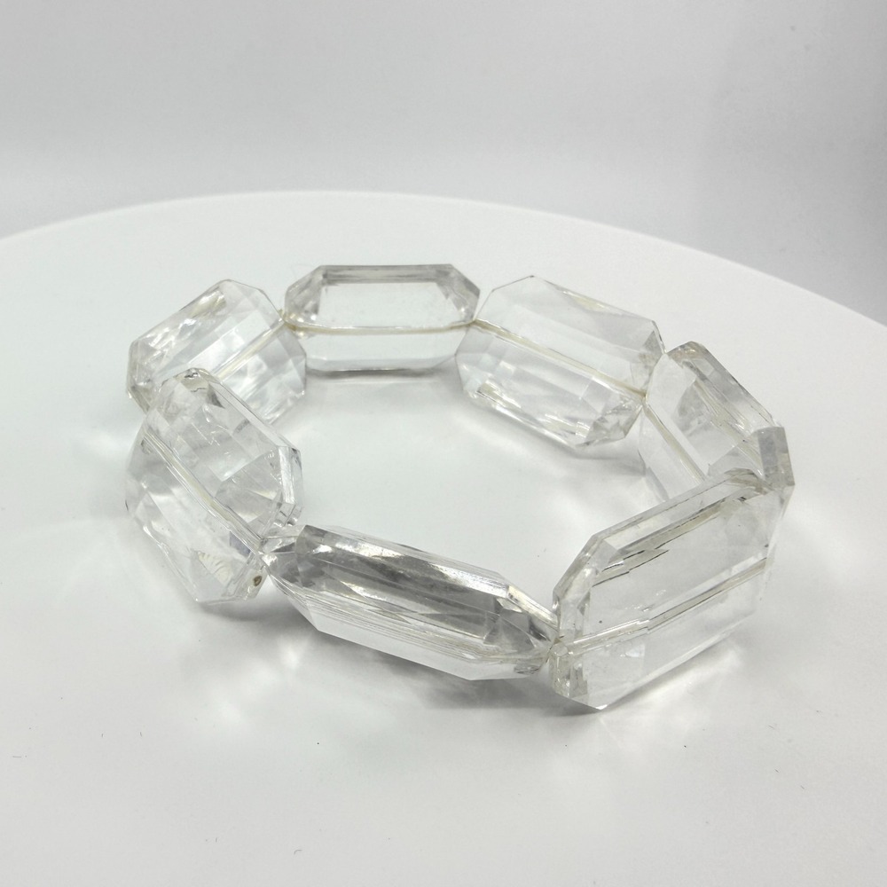 Vintage Chunky Clear Lucite Faceted Rectangle Geometric Stretch Bangle Bracelet